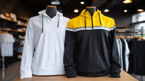 Stylish sports jackets in bright colors are displayed on sleek mannequins in a contemporary shop, inviting shoppers to explore trendy athletic wear