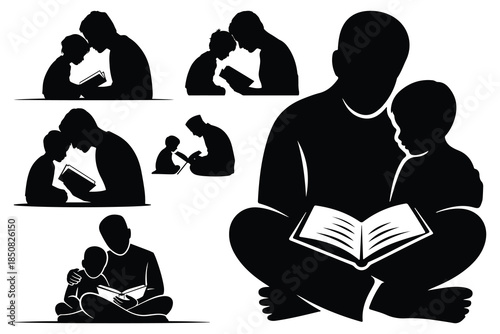 Silhouettes of people reading books together in various settings