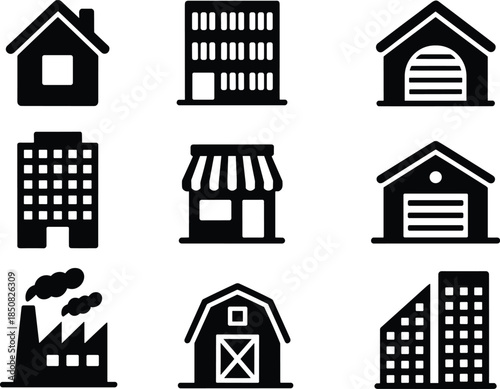 Building and property icons set with house apartment factory warehouse shop barn city silhouettes minimal vector collection