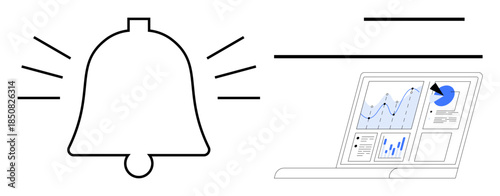 Digital marketing, analytics, project management, notifications, financial tracking, productivity tools. Bell with alert lines next to a laptop display showing data charts. Notifications and digital