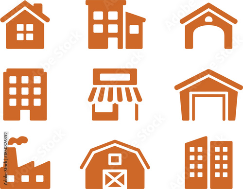 Building and property icons set with house apartment factory warehouse shop barn city silhouettes minimal vector collection