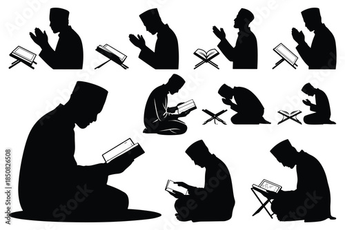 Silhouettes of people praying and reading holy books
