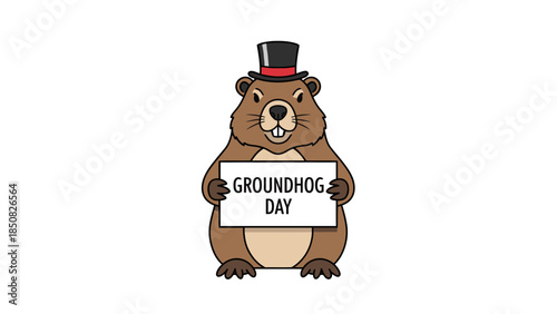 Cute groundhog cartoon character wearing top hat holding Groundhog Day sign.