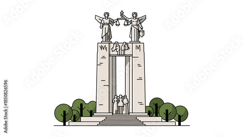 Vector illustration of a majestic monument featuring two angel statues holding the scales of justice at its peak.
