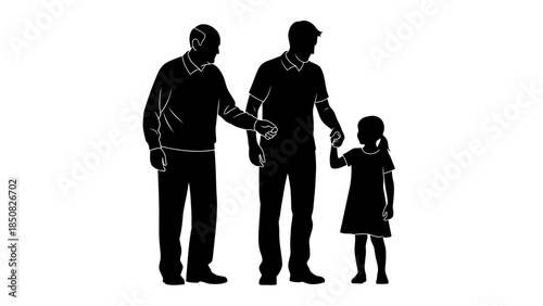 Black silhouettes of a grandfather, father, and daughter standing together on a white background. Depicting the concepts of family tree, intergenerational bonds, and togetherness.