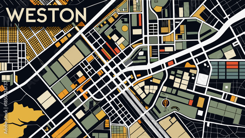 Very beautiful aerial drone style street map of Weston, Wyoming, presented with clean black and white lines, highlighting urban layout, roads, and structured geographic design.