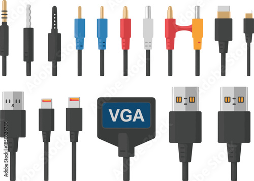 Computer cable and connector set with USB HDMI audio plugs, flat vector illustration for technology and digital devices
