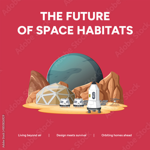 Future space habitats with rocket and domed structures on Mars