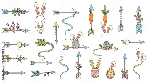 Cute handdrawn easter rabbits and decorated eggs collection
