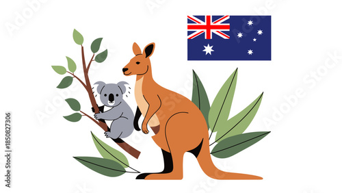 This vector illustration features a kangaroo and a koala on a tree branch against the backdrop of the Australian national flag. Perfect for tourism, wildlife education, and Australia Day celebrations.