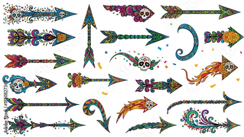 Collection of colorful decorative arrows with intricate patterns and designs
