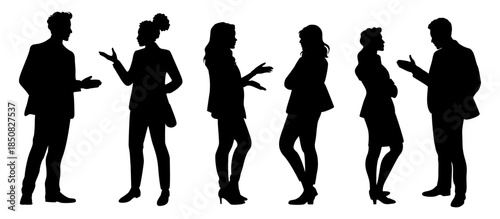 Black silhouette illustration of different business professionals in active discussion showing expressive body language and teamwork. Flat vector illustration isolated on transparent background