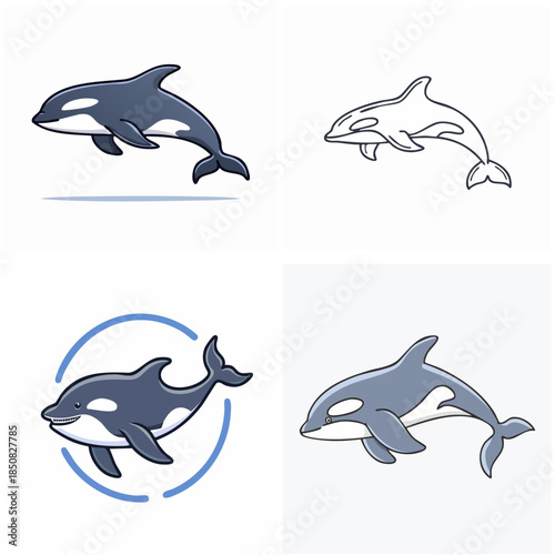 Orca illustration set variations featuring different styles of cartoon killer whale icons for design and use
