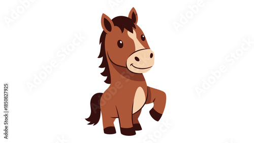 Smiling Vector Horse Character with Brown Mane and Tail, Standing Pose, Isolated White Background