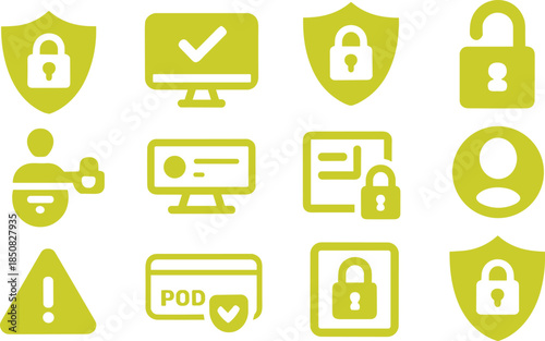 Cyber security and data protection icons set with locks shields passwords and warning symbols, black minimalist illustration