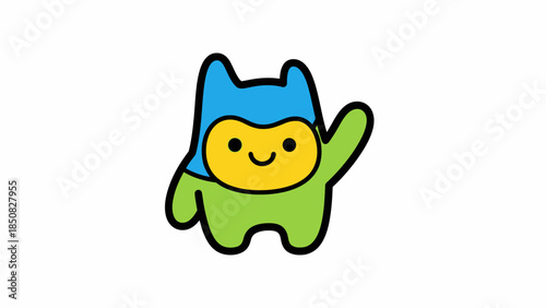 Happy Green Blob Creature Waving with Blue Hood on Isolated White Background