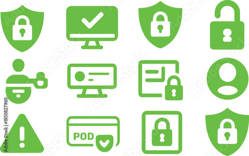 Cyber security and data protection icons set with locks shields passwords and warning symbols, black minimalist illustration