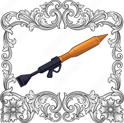 Cartoon rocket launcher in orange and black within an ornate floral border weapon military