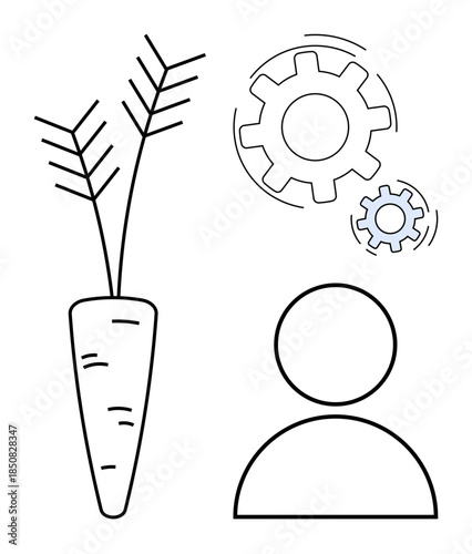 Agriculture, technology, human interaction, productivity, innovation, sustainability. A carrot, gears and a person outline in minimalistic style. Agriculture and technology stand out