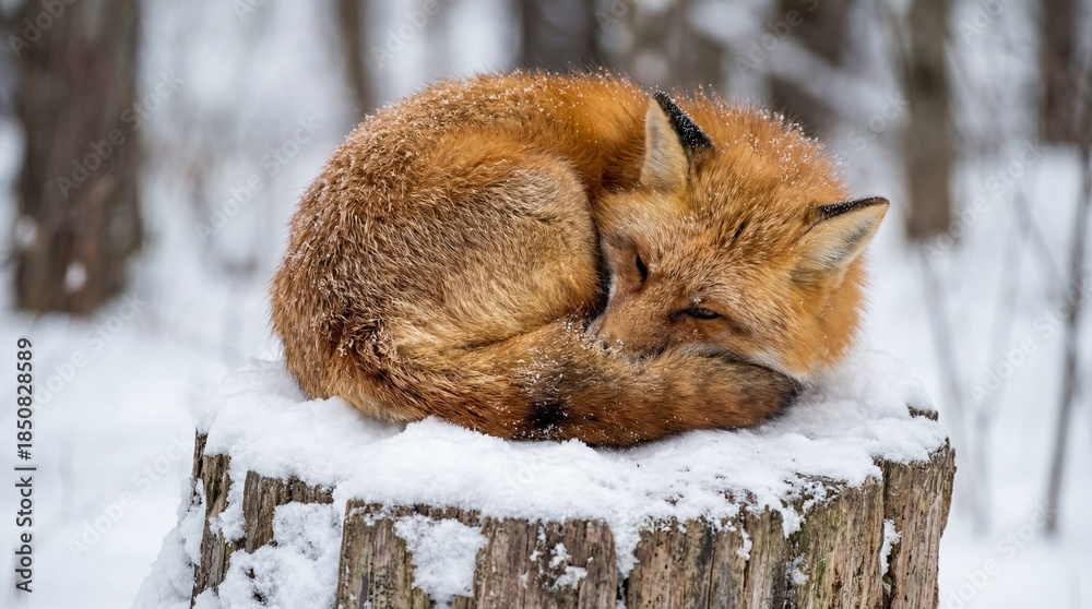 Naklejka premium Beautiful Red Fox Curled Up Asleep on a Snow-Covered Tree Stump in a Winter Forest, Showcasing Peaceful Wildlife and Nature's Resilience