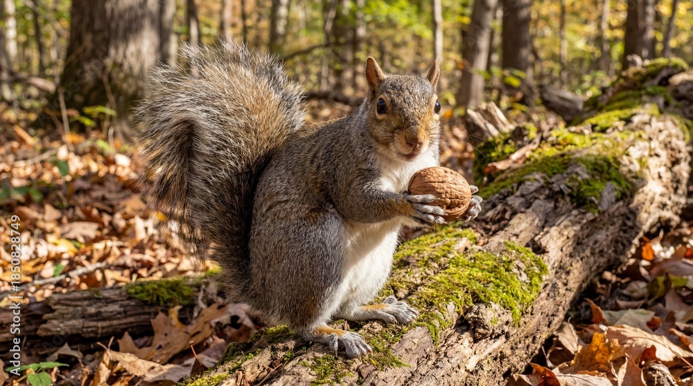 Obraz premium Adorable Grey Squirrel Holding a Walnut, Perched on a Moss-Covered Log Amidst Autumn Leaves in a Forest, Illustrating Wildlife Foraging