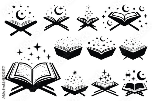 Black and white book and crescent moon with stars