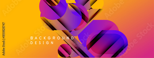 Abstract geometric shapes overlap vibrant gradients. Orange, purple, pink hues dominate design. Text reads background design. Modern aesthetic.