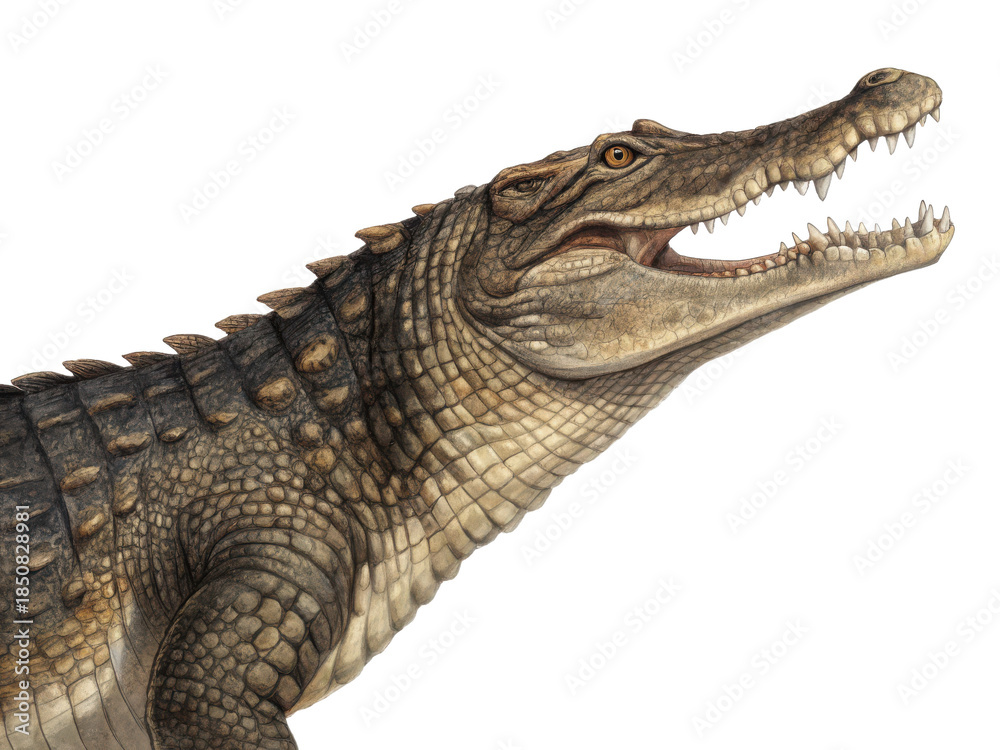 Obraz premium Highly detailed and realistically rendered portrait of a formidable alligator with textured, scaly skin and piercing amber eyes, depicted in a side profile with, isolated on transparent background.
