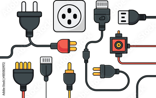 Flat design electrical plugs sockets and data connectors set, power cables and technology connection icons illustration
