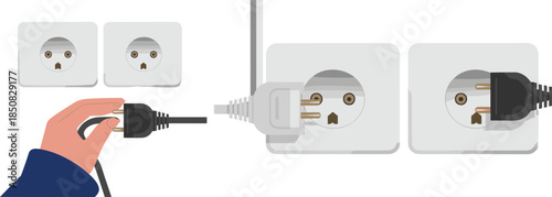 Hand plugging electrical cable into wall socket, power outlet connection sequence illustration for electricity safety and energy concept