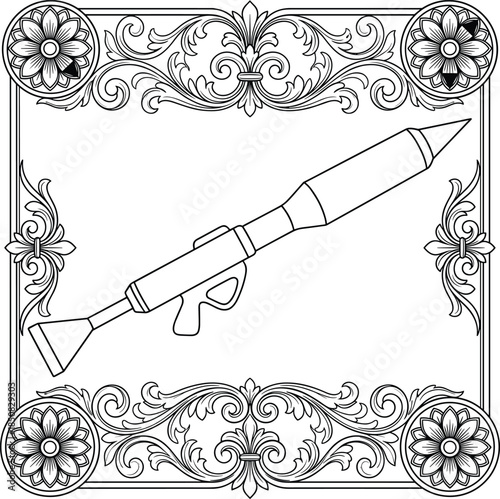 Line art drawing of a rocket launcher within an ornate floral border weapon military