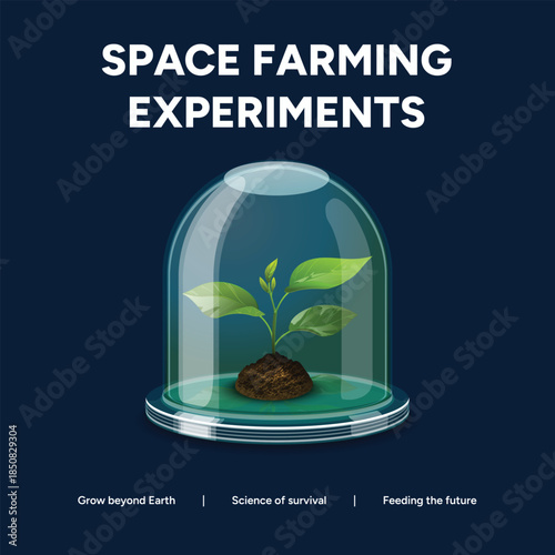Space farming experiment with plant in glass dome on dark blue background