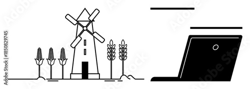 Digital transformation, farming, sustainable technology, rural innovation, smart agriculture, environmental impact. Windmill, crops and laptop. Digital transformation and farming technology concept