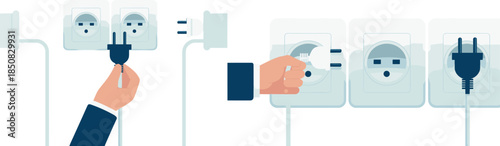 Hand plugging electrical cable into wall socket, power outlet connection sequence illustration for electricity safety and energy concept