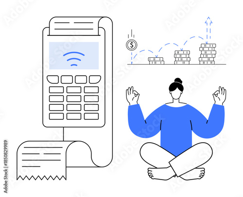 Financial planning, digital payments, mindfulness, transaction security, savings, economic growth. Payment terminal with receipt and meditating woman beside growing coin stacks. Financial planning