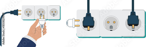 Hand plugging electrical cable into wall socket, power outlet connection sequence illustration for electricity safety and energy concept