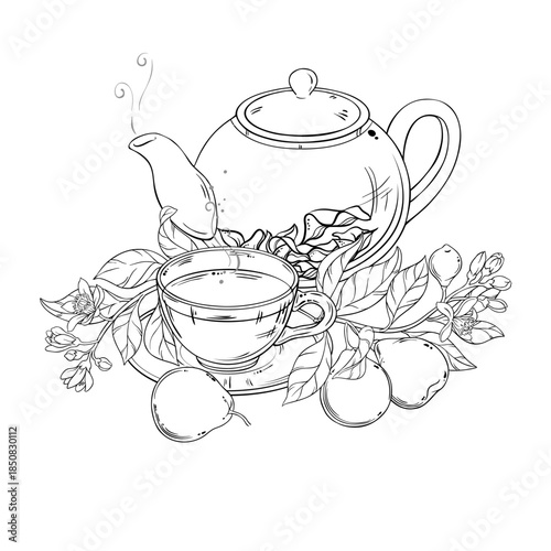 Bergamot Tea in Teapot aroma beverage Outline Illustration. Vector isolated for Design and Decoration for Cafeteria, Posters, Banners, Cards.