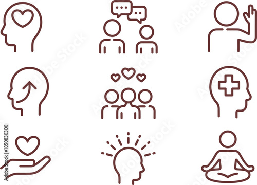 Mental health and wellbeing line icons set showing mindfulness support empathy communication therapy self care vector collection
