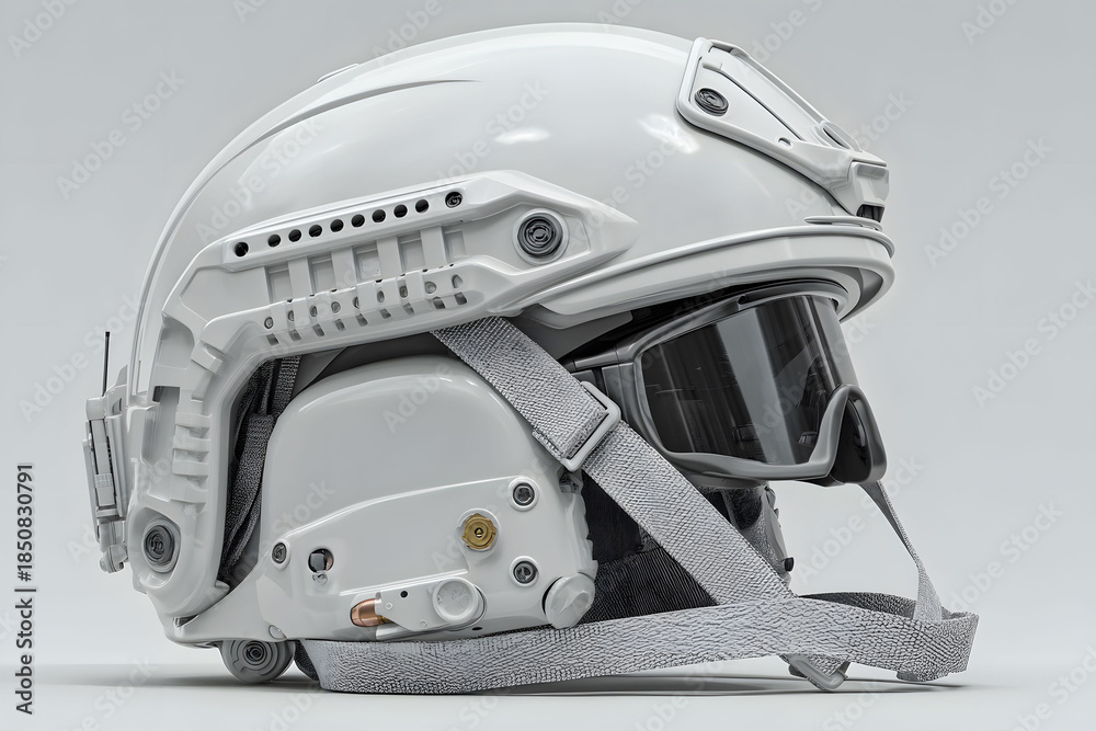 Fototapeta premium Advanced Futuristic White Helmet with Visor for Sci-Fi Cosplay and Protective Gear Design