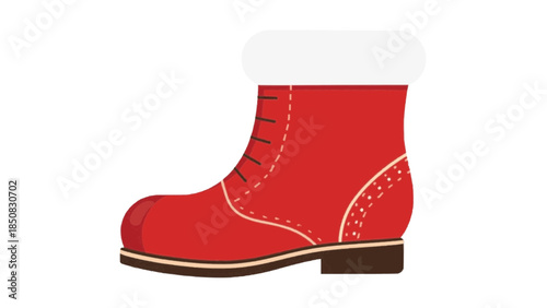 A stylish red boot with a fluffy white cuff