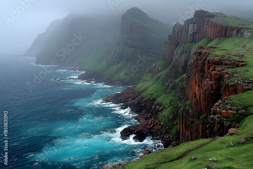 Misty Coastal Cliffs with Turquoise Waves and Lush Green Hills