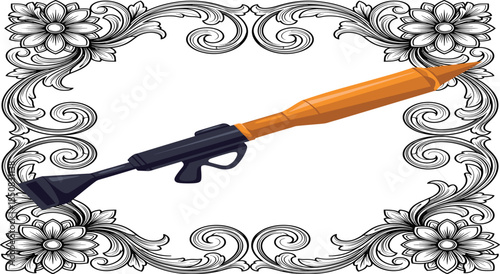 Rocket Launcher Weapon Inside Ornate Floral Border Frame on White Background Keywords: rocket launcher, weapon, firearm, military