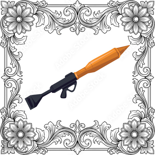Rocket Launcher Weapon Inside Ornate Floral Border Frame on White Background Keywords: rocket launcher, weapon, firearm, military