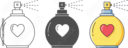 A set of three perfume bottles, each with a heart design, isolated on white background, showcasing different styles and color schemes for fragrance
