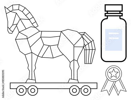 Cybersecurity, public health, achievements, hacking, threats, software validation. Geometric Trojan horse, medicine bottle award icon key . Cybersecurity and public health concept