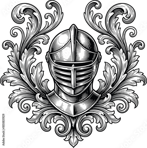 Vintage Knight Helmet with Ornate Scrollwork Emblem on White Background Keywords: knight, helmet, armor, medieval, vintage, emblem