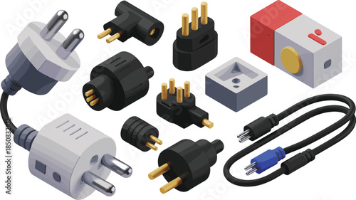 Isometric 3D illustration of electrical plugs adapters and connectors, power supply components set for technology and energy concepts