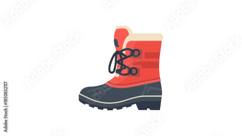 A detailed view of a sturdy winter boot, ready for snow and cold weather conditions. The boot features a dark blue sole, red upper, and cream-colored lining. The laces are neatly tied