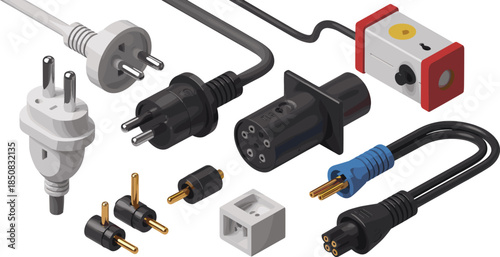 Isometric 3D illustration of electrical plugs adapters and connectors, power supply components set for technology and energy concepts