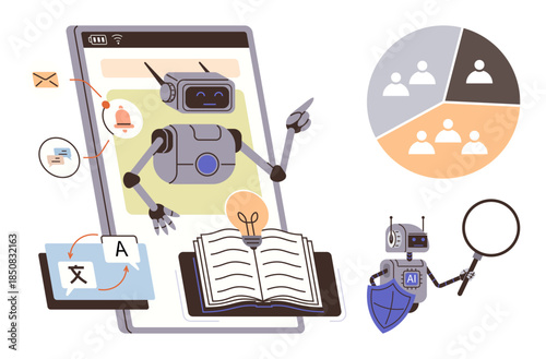 Robot with tablet managing translation tools, books, notifications, and charts. Ideal for AI, education, data analysis, automation technology productivity innovation. Simple flat metaphor